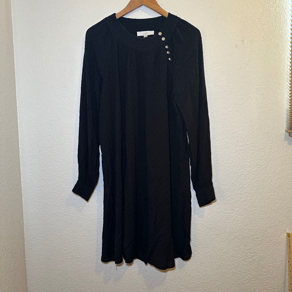 NWT LOFT Womens M Tall Midi Swing Dress Black Gold‎ Clip Button Boho Coffee Date